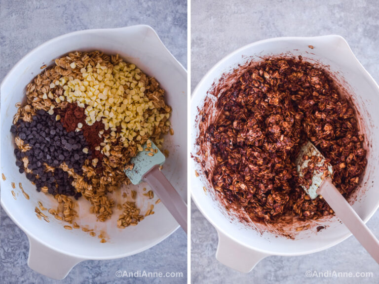 Two images of a white bowl. First is white and dark chocolate chips dumped on top of granola mixture. Second is a chocolate granola mixture in the bowl.
