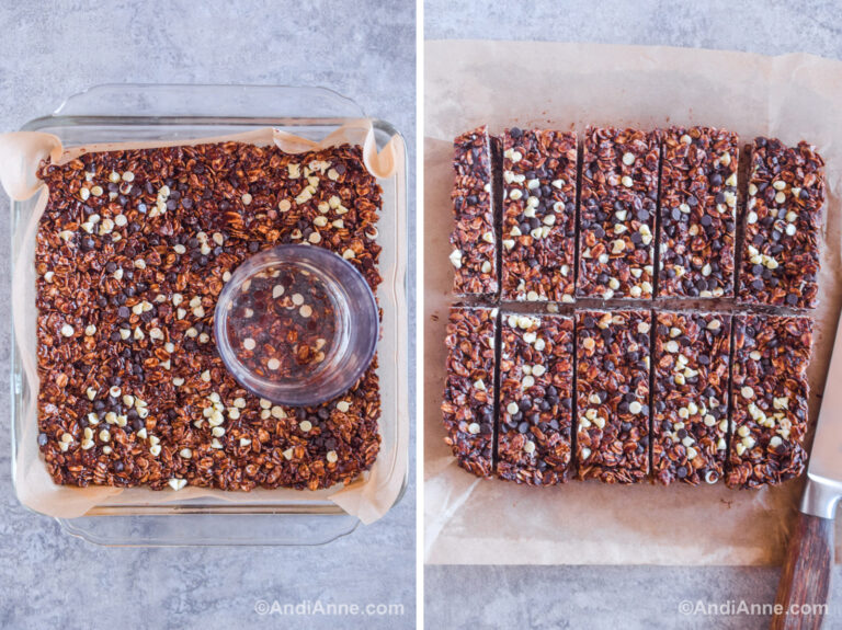 Chocolate granola in a square glass dish with a glass on top. Second image is sliced granola bars on a piece of parchment paper.