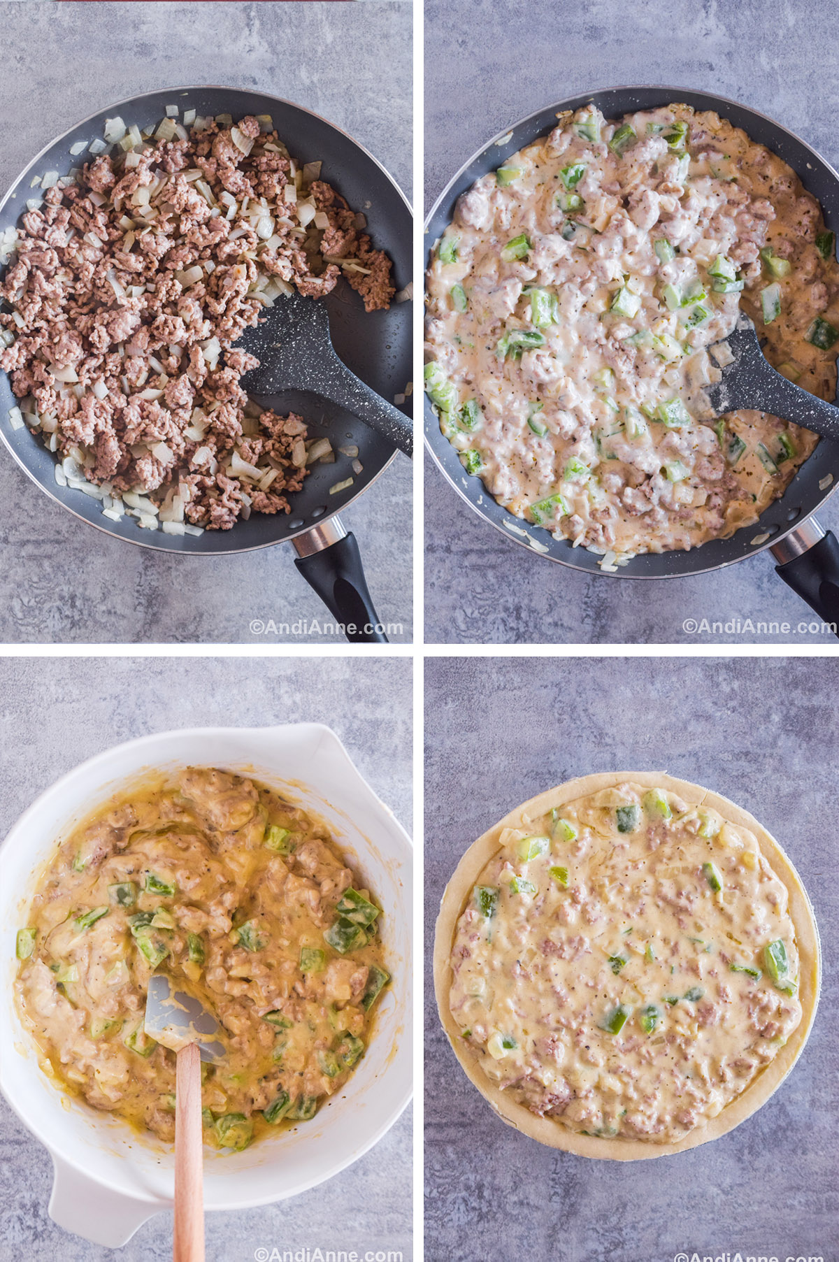 Four images showing steps to make the recipe. First is ground pork and onion in a frying pan. Second is a creamy mixture of ground pork with bell peppers in a frying pan. Third image is uncooked quiche filling in a white bowl with a spatula. Fourth is uncooked ground pork quiche.
