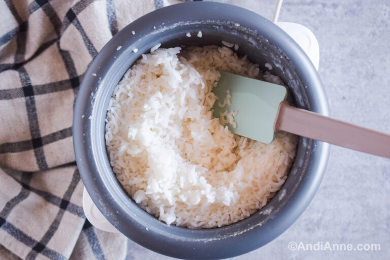 White rice in a rice cooker with a spatula.