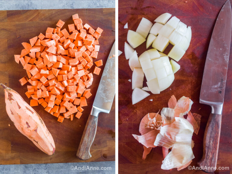 Two images of a cutting board. First with chopped sweet potato cubes and a peeled sweet potato. Second with chopped onion, onion skins and a knife.