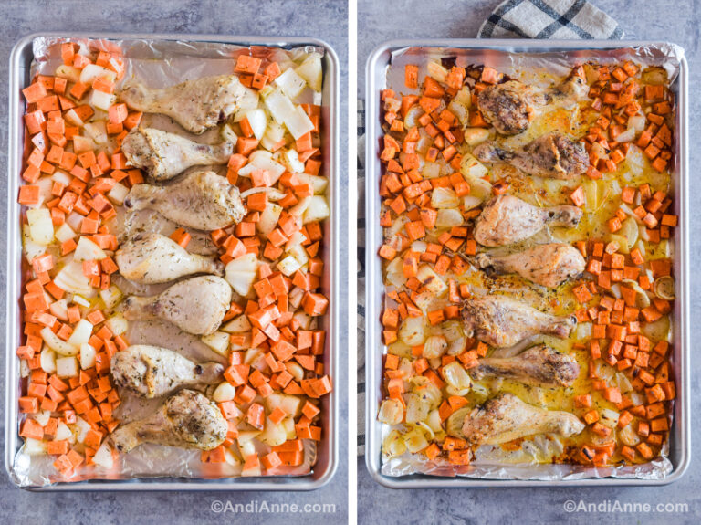 Two images of a baking sheet lined with foil. First is unbaked chicken legs in center, chopped sweet potato and onion surrounding chicken. Second image is baked chicken legs, sweet potatoes and onion on the baking sheet.