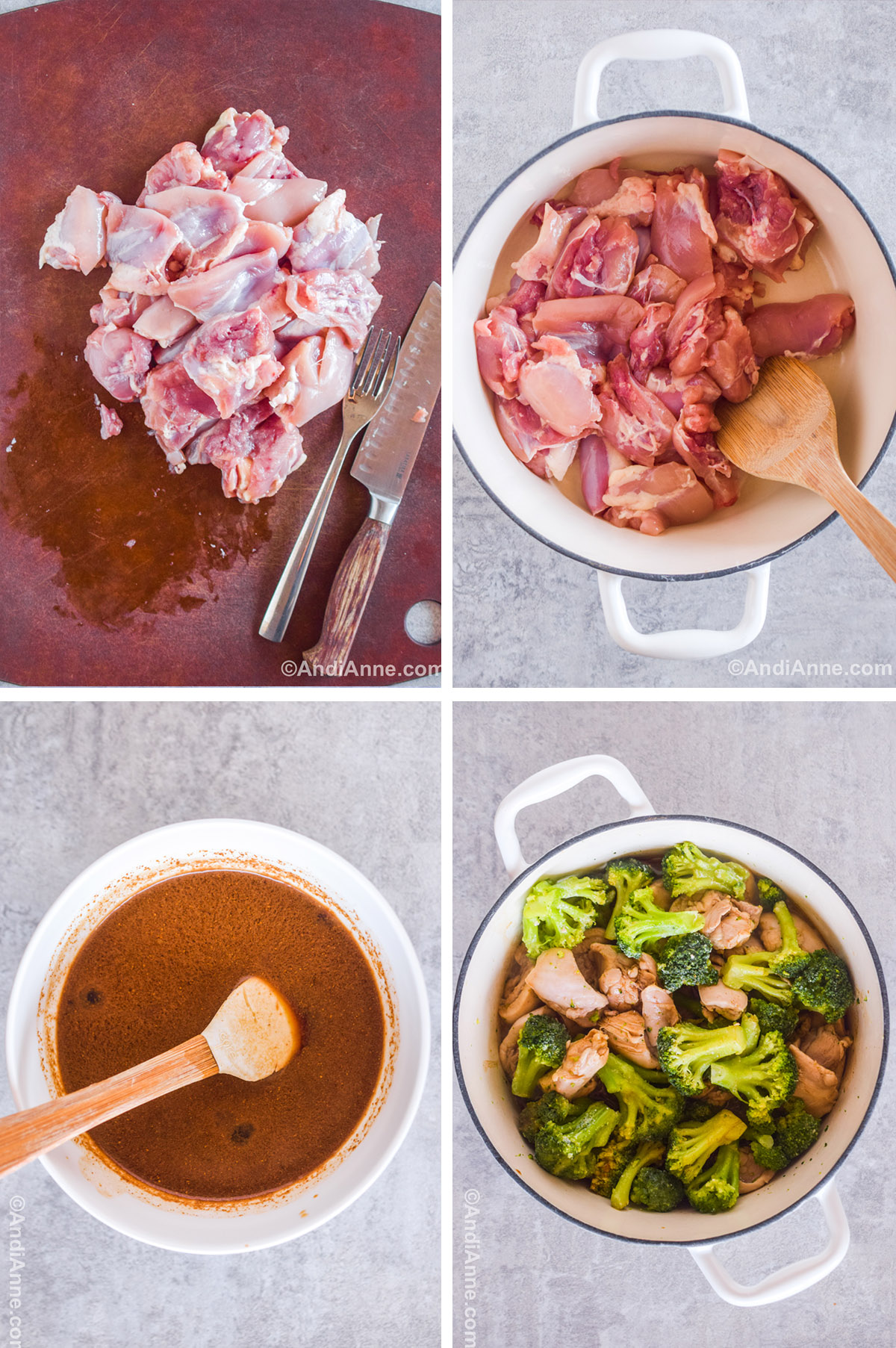 Four images showing steps to make the recipe. First is chopped chicken thighs on a cutting board with a knife. Second is chopped chicken in a white pot with a wood spatula. Third is brown sauce in a white bowl with a small spatula. Fourth is cooked chicken thighs and broccoli in a white pot.