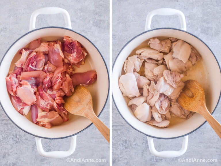 Two images of a large pot. First with raw chicken thighs. Second with cooked chicken thighs.