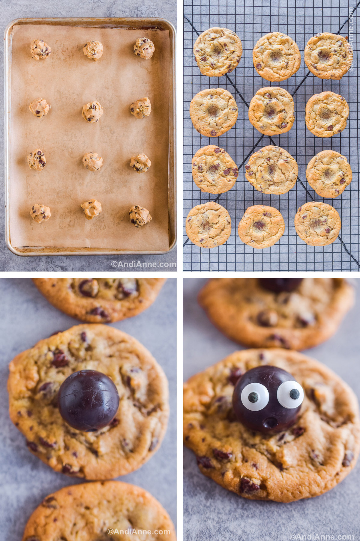 Four images showing steps to make the recipe. First is cookie dough balls on a baking sheet. Second is baked cookies on a rack with indents in the middle of each. Third is a round chocolate ball in the center of a cookie. Fourth has candy eyeballs on the round chocolate ball.