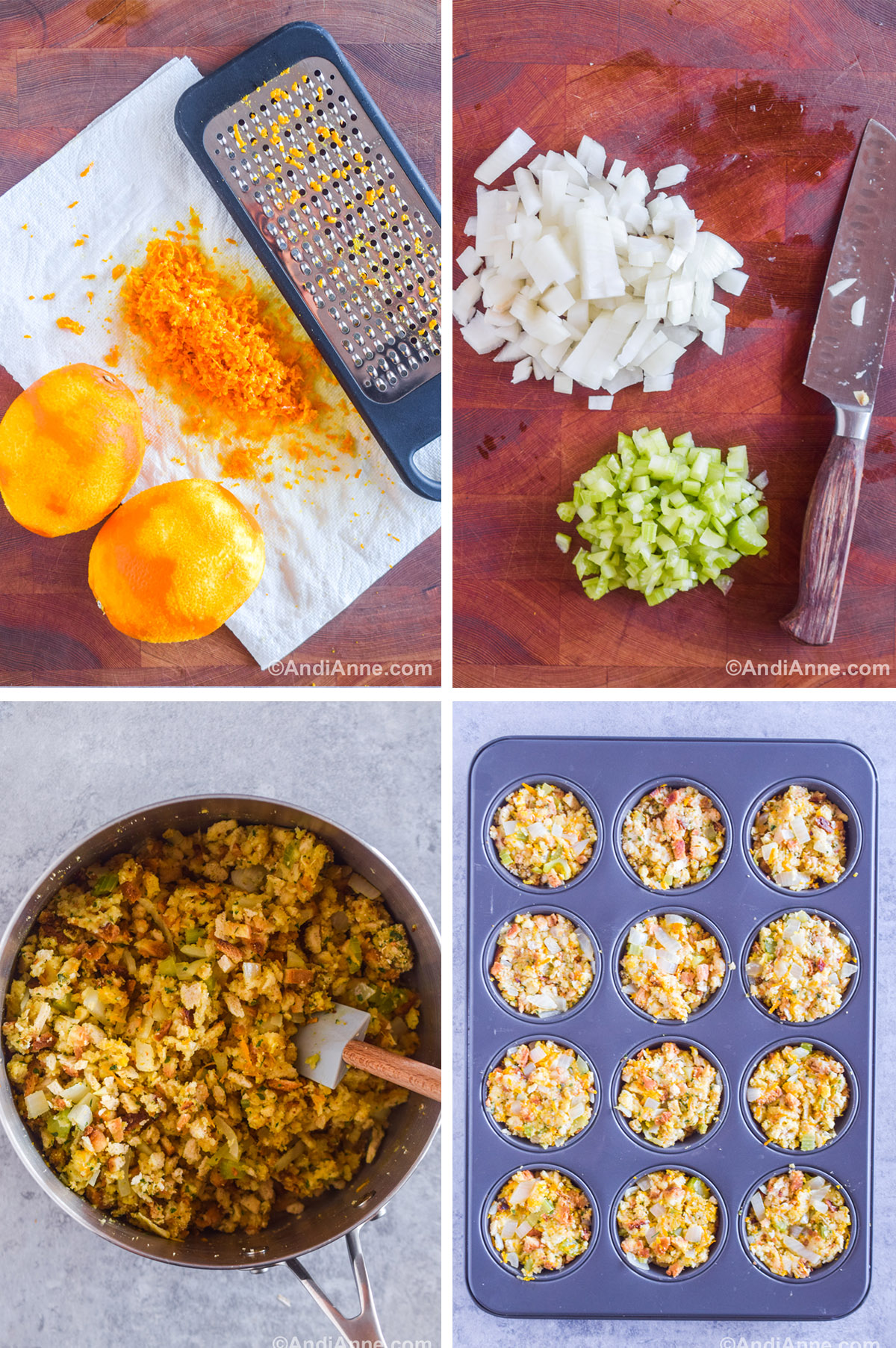 Four images showing steps to make the recipe. First image is grated oranges, orange zest and cheese grater on a paper towel. Second is chopped onion and chopped celery with a knife. Third is cooked stuffing mix in the pot. Fourth is stuffing mixture divided into a muffin pan.