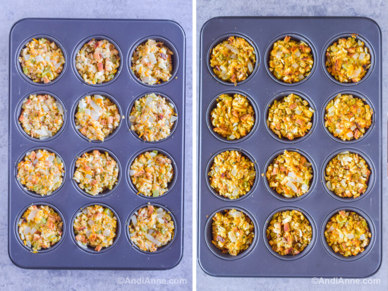 Two images of a muffin pan. First is uncooked stuffing muffins. Second is cooked.