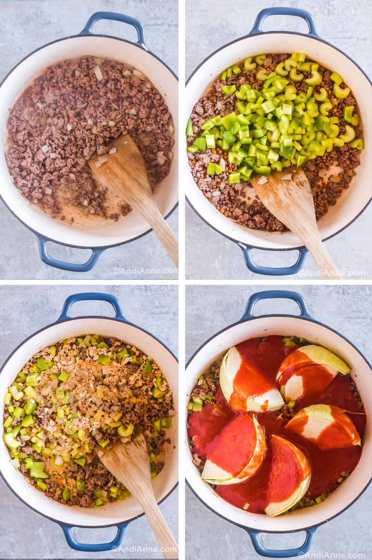 Four images showing steps to make the recipe. First is pot with ground beef and chopped onion. Second is pot with chopped celery dumped on top. Third is spices and rolled oats dumped on top. Fourth is cabbage wedges and sweet and sour sauce poured over top.