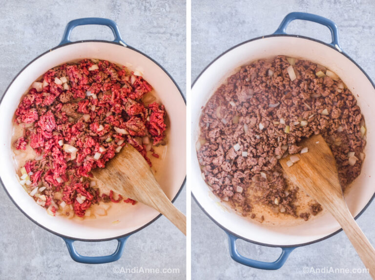 Two images of a white dutch oven. First with raw beef and chopped onion. Second with cooked beef and onion.