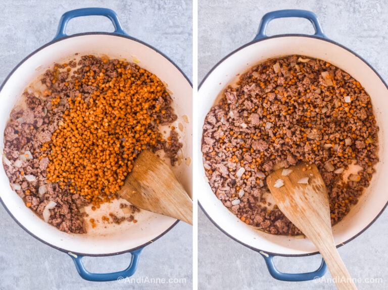 Two images of a white dutch oven. First with cooked beef and lentils dumped on top. Second with beef and lentils mixed together.