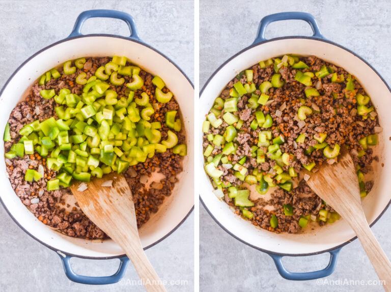Two images of a white dutch oven. First with ground beef and celery and bell pepper dumped on top. Second with ingredients mixed together.