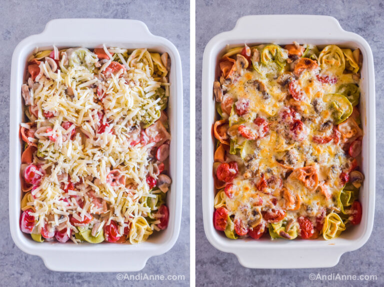 Two images of a white casserole dish. First with tortellini pasta and shredded cheese on top. Second with melted cheese over pasta.