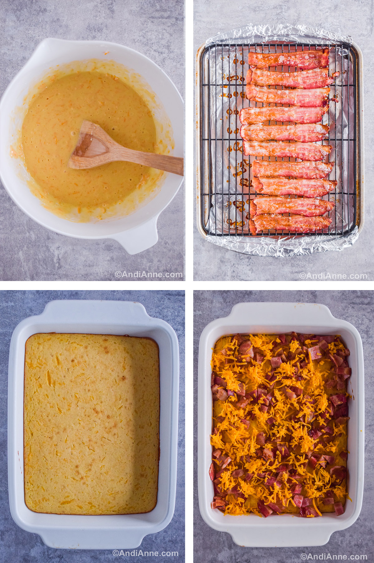 Four images showing steps to make recipe. First is a white bowl with batter and a wood spatula. Second is bacon strips on a baking rack. Baked pancake in a white casserole dish. Four image is shredded cheese and crumbled bacon on top of pancake in a casserole dish.