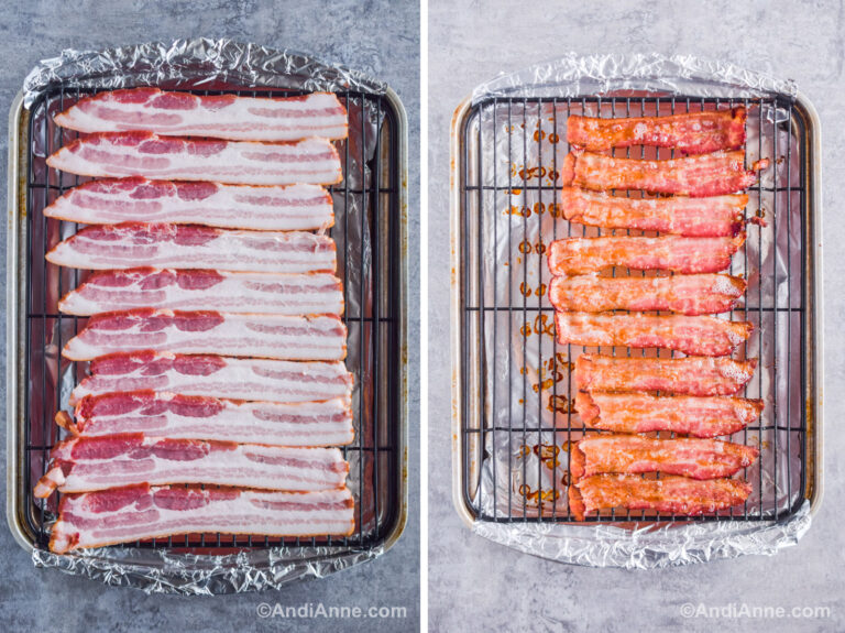 Two images of a baking rack. First with raw bacon strips. Second with cooked bacon strips.